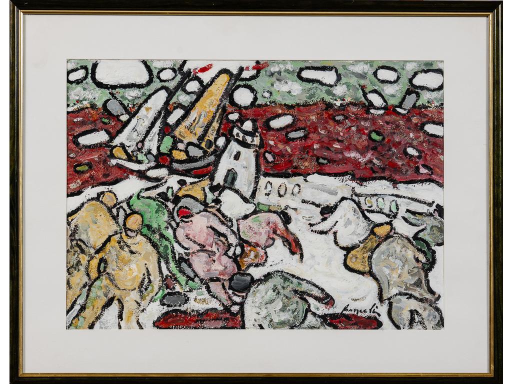 Joseph FRANCELI (1938) : Le phare. Peinture sur papier signée en bas à droite. Dim : 37 x 52 cm.