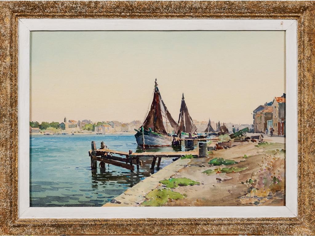 Casimir RAYMOND (1870-1965) : Tartanes à quai. Aquarelle signée en bas à droite. Dim : 39 x 56 cm.