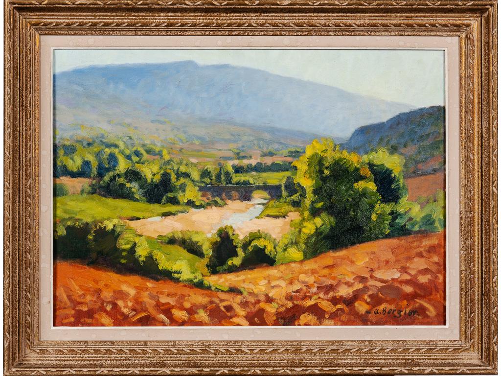 Alfred BERGIER : Le Lubéron, le pont de Saint-Julien. Huile sur toile signée en bas à droite. Dim : 46 x 65 cm.