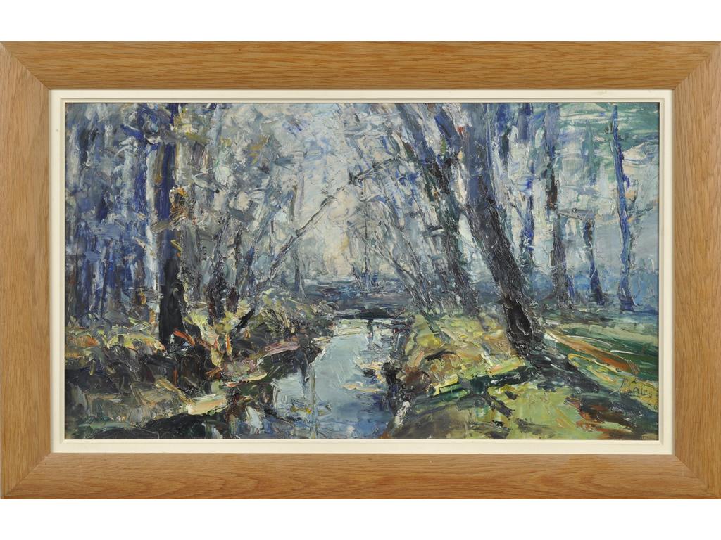 Pierre CALES (11870-1961) : Bord de rivière. Huile sur carton signée et datée et 46. Dim : 38 x 65.5 cm.