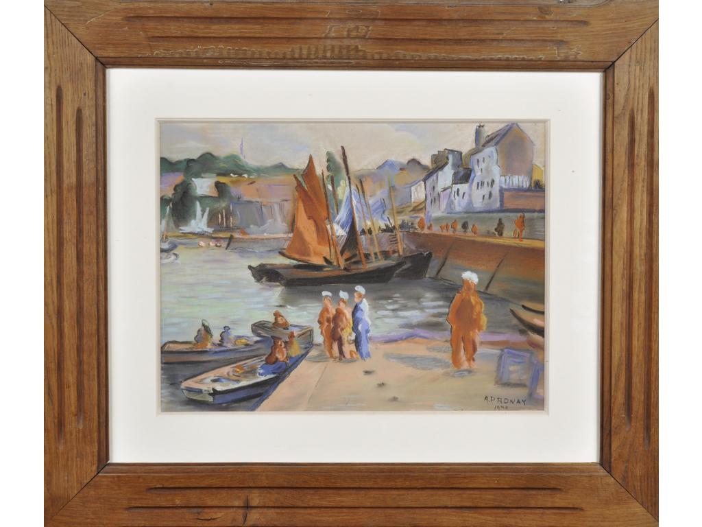 A. PRONAY (XXème siècle) : Port de pêche. Pastel signé en bas à droite et daté 1940. Dim : 28 x 37 cm.