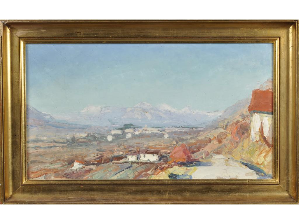 Pierre CALES (1870-1961) : Le Grésivaudan. Huile sur carton signée en bas à gauche et datée (19)36. (Manques au cadre). Dim : 27 x 49 cm.