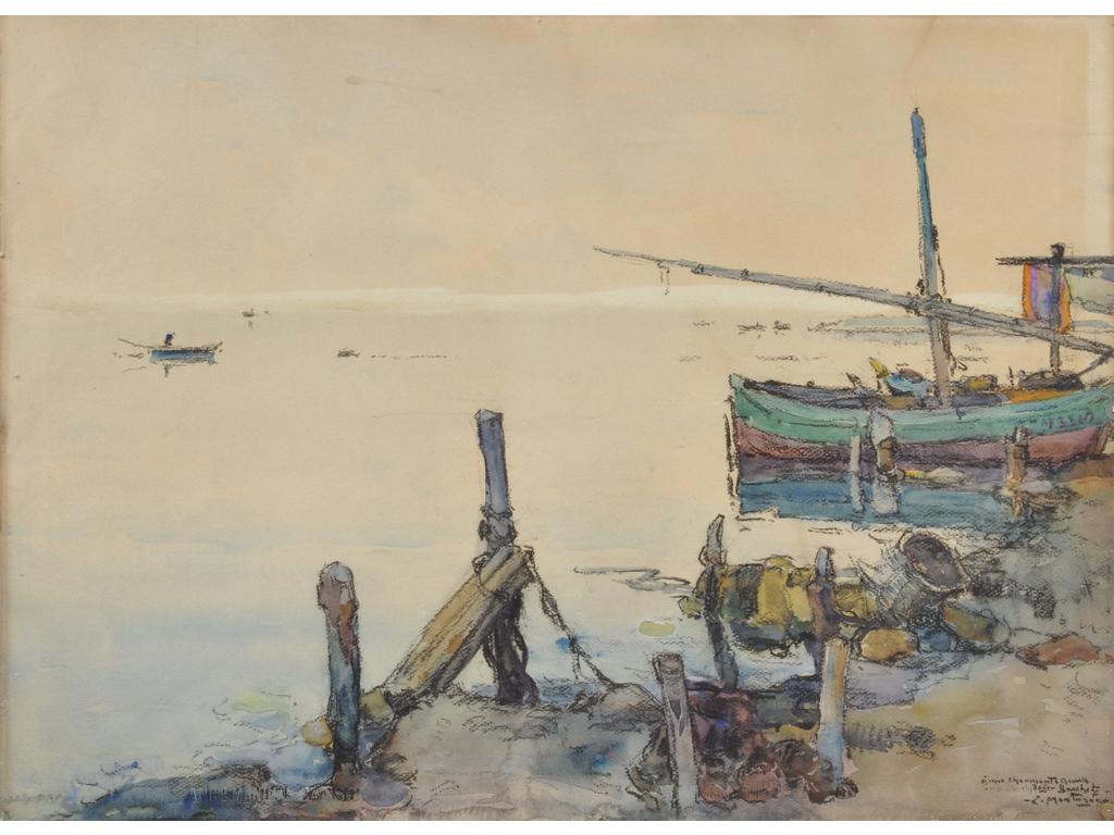 Louis MONTAGNE (1879-1960) : Bord de mer. Aquarelle signée en bas à droite avec envoi à Roger Brochet. (Petites tâches). Dim : 45 x 61.5 cm.