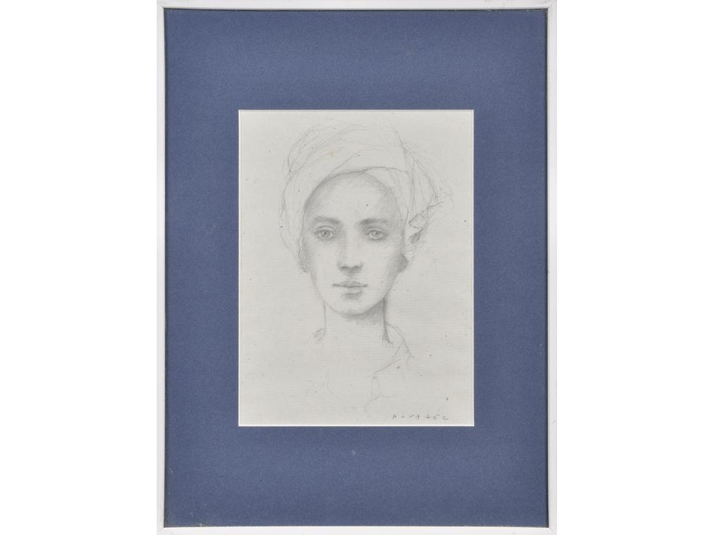 Luis ALVAREZ (1932-1997) : Portrait de femme au turban. Dessin au crayon signé en bas à droite. (Petites tâches). Dim : 23 x 17 cm.