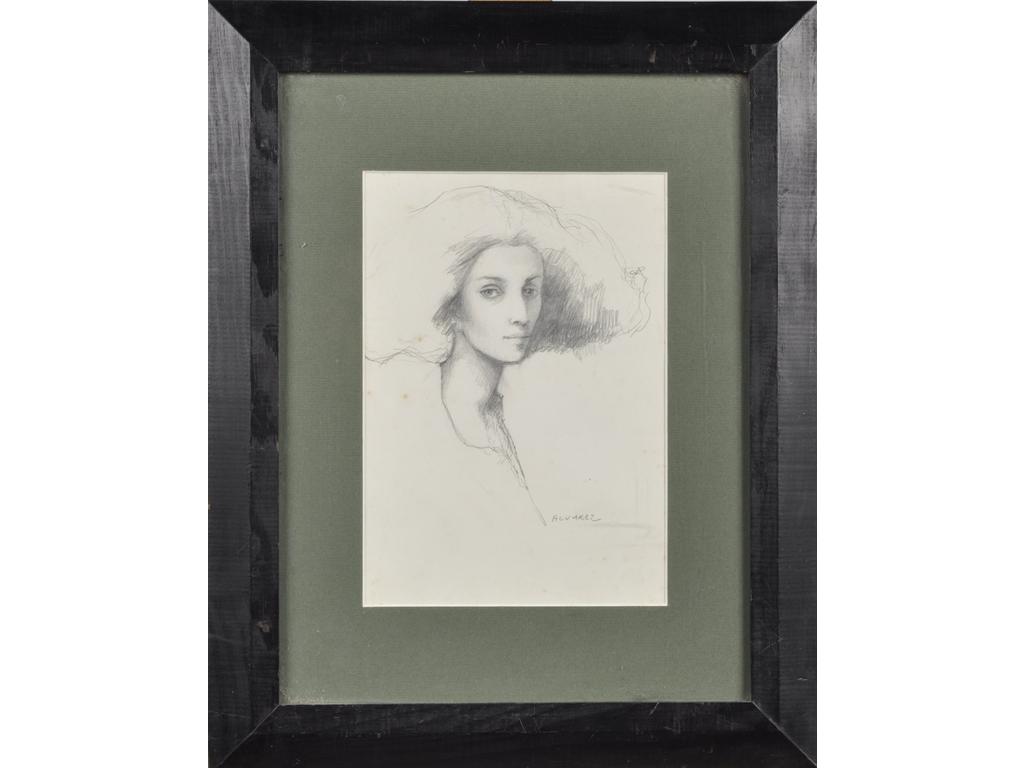 Luis ALVAREZ (1932-1997) : Portrait d'une élégante. Dessin au crayon signé en bas à droite. (Légères rousseurs). Dim : 2.5 x 18 cm.