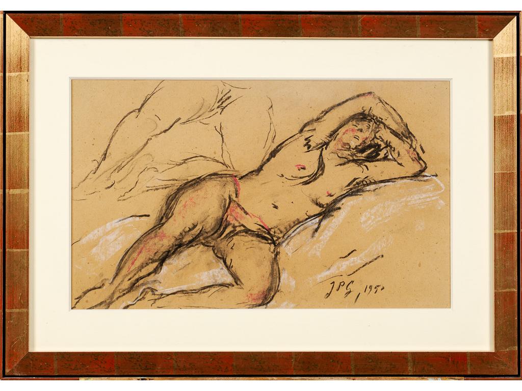 Jean-Pierre GRAS (1879-1964) : Etudes de nus. Fusain et craie signée en bas à droite et datée 1950 . Dim : 30 x 49 cm.