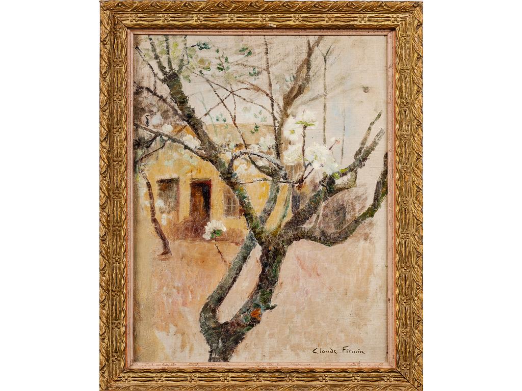 Claude FIRMIN (1864-1944) : L'amandier en fleurs. Huile sur toile marouflée sur panneau, signée en bas à droite. (Manques). Dim : 31.5 x 24.5 cm.