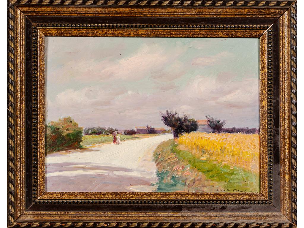 Claude FIRMIN (1864-1944) : Route provençale animée. Huile sur carton signée en bas à droite et datée 1909. Dim : 24.5 x 32.5 cm.