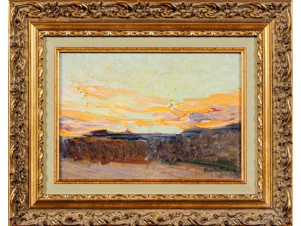 Claude FIRMIN (1864-1944) : Paysage au coucher de soleil. Petite huile sur panneau signée en bas à droite. Dim : 16 x 22.5 cm.