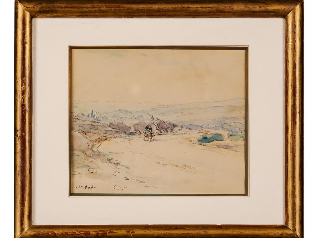 Louis MONTAGNE (1879-1960) : Charette sur le chemin. Aquarelle signée en bas à gauche. Dim : 20 x 24 cm.