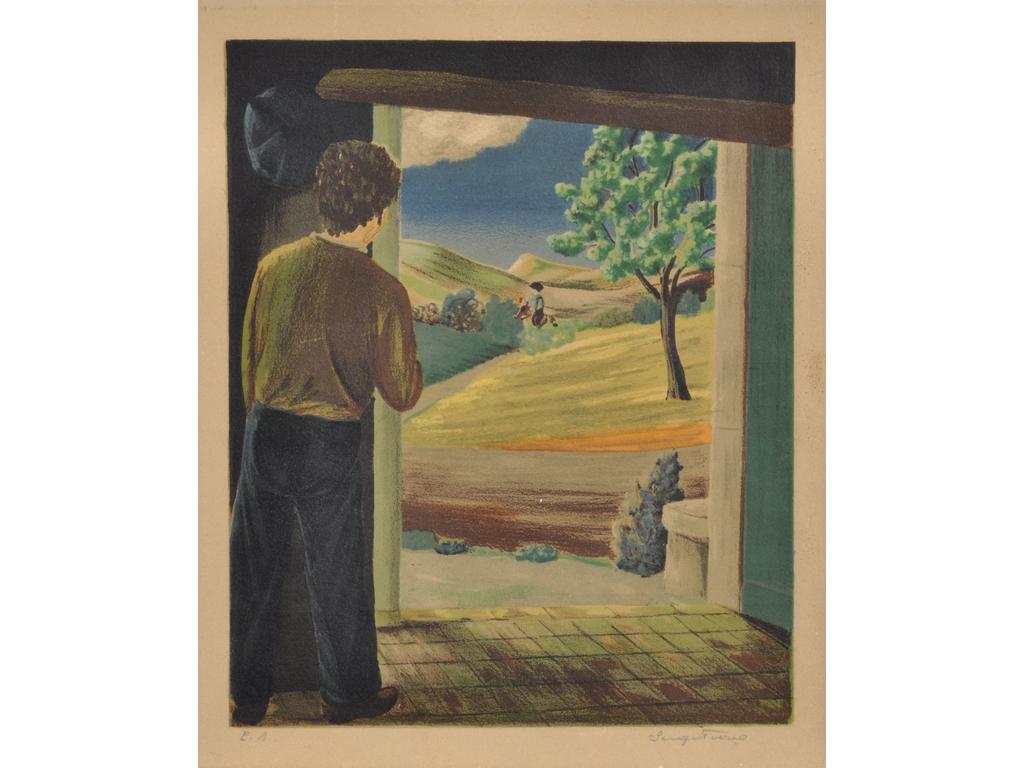 Serge FIORIO (1911-2011) : L'arrivée du cavalier. Lithographie signée en bas à droite au crayon. Epreuve d'artiste. (Insolée et sans cadre). Dim : 31.5 x 26.5 cm.