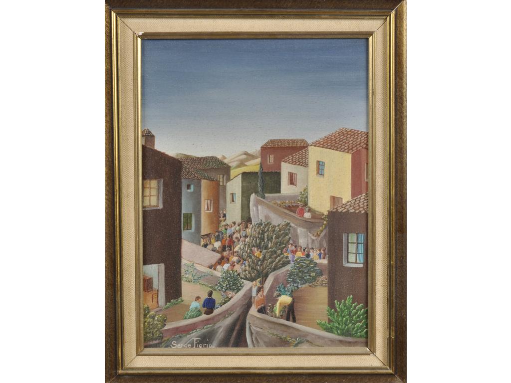 Serge FIORIO (1911-2011) : Procession villageoise. Huile sur toile signée en bas à gauche. Dim : 33 x 24 cm.