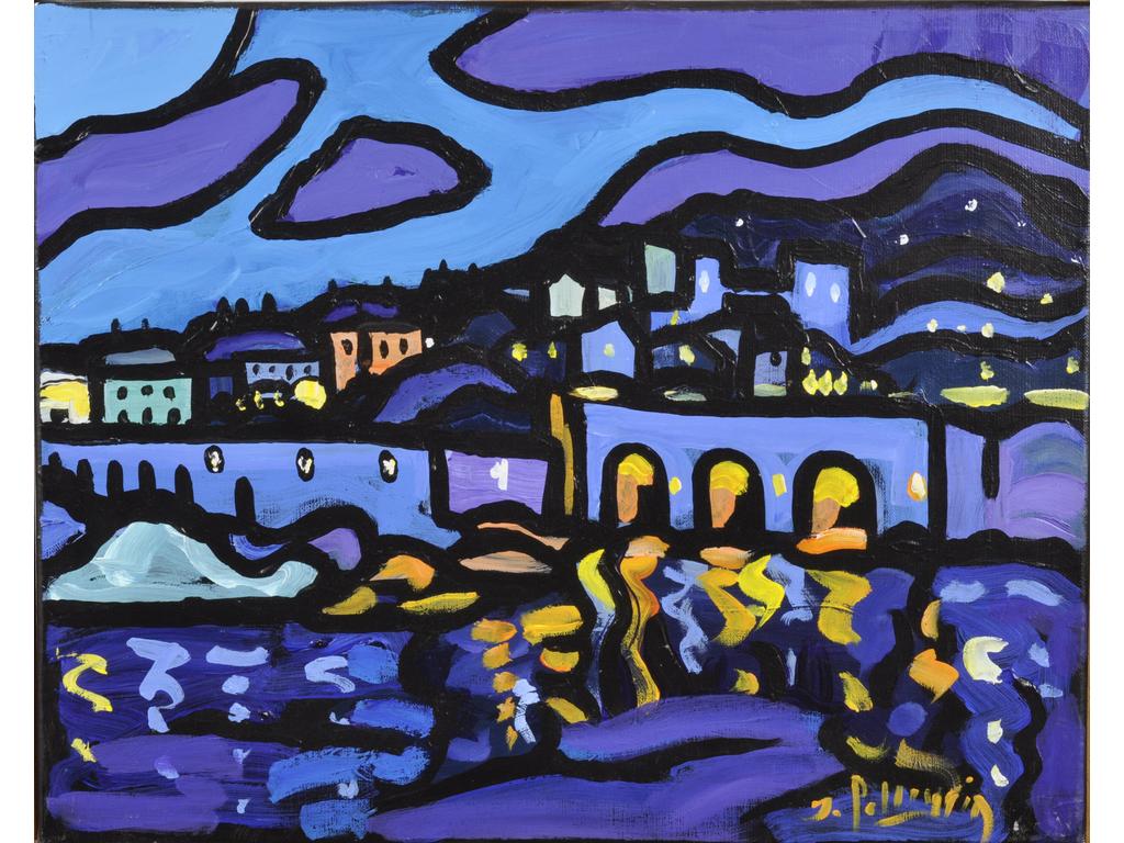 Jacques PELLEGRIN (1944-2021) : Environs de Marseille de nuit. Acrylique sur toile signée en bas à droite. (Sans cadre). Dim : 33 x 41 cm.