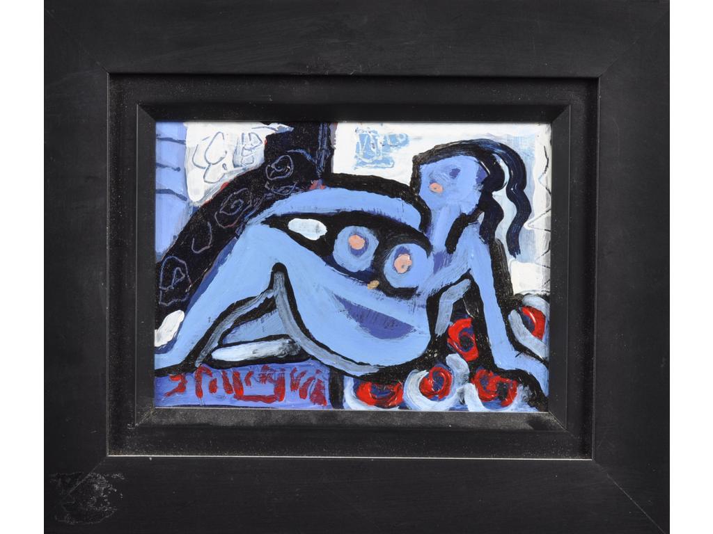 Jacques PELLEGRIN (1944-2021) : Odalisque bleue. Huile sur panneau signée en bas à gauche, contresignée et datée 95 au revers. Dim : 12 x 16 cm.