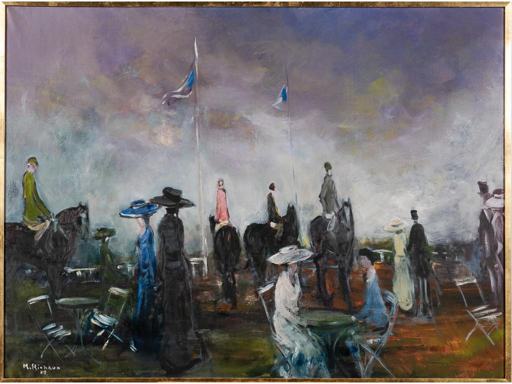 Maxime RICHAUD (1924-1994) : Au champ de course. Grande huile sur toile signée en bas à gauche et datée 79. Dim : 97 x 130 cm.