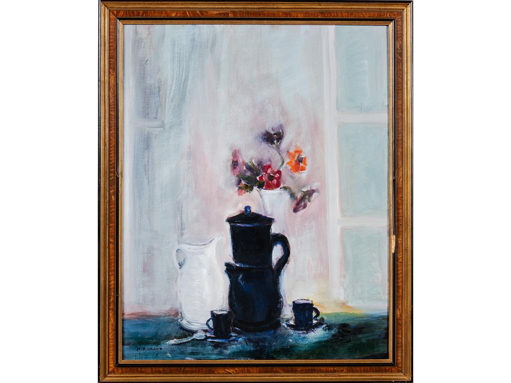 Maxime RICHAUD (1924-1994) : Nature morte à la cafetière. Huile sur toile, signée en bas à gauche. Dimensions : 80 x 65 cm (cadre en bois abîmé)