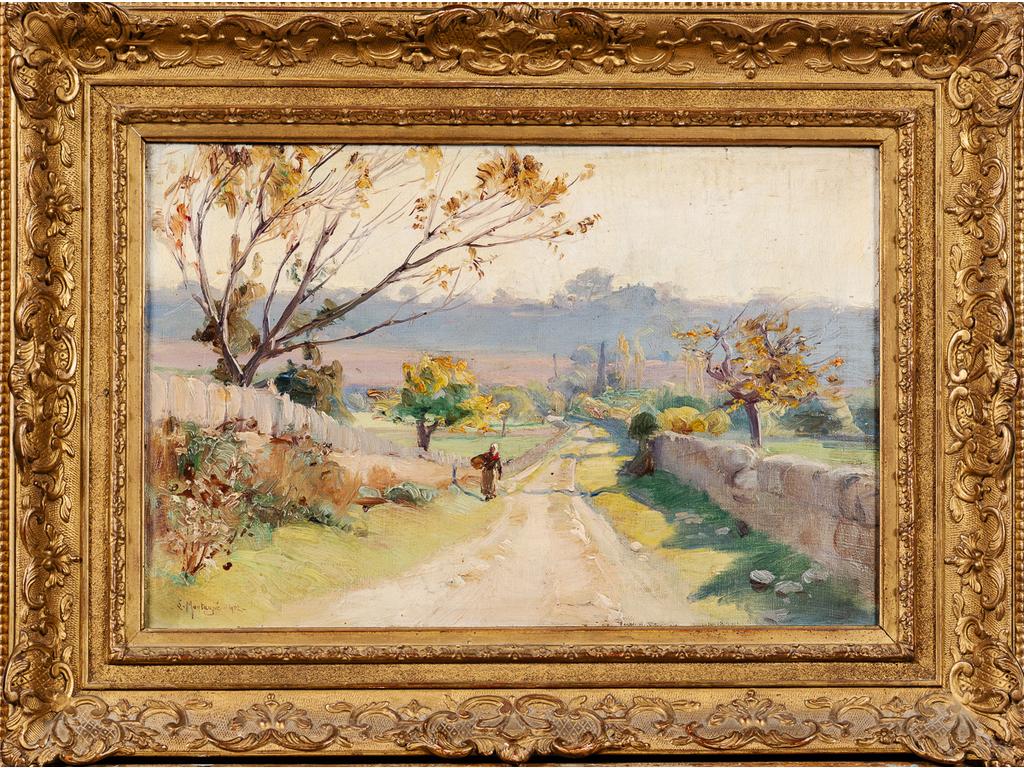 Louis MONTAGNE (1879-1960) : Paysage au promeneur. Huile sur toile signée en bas à gauche. Dim : 27 x 40.5 cm.