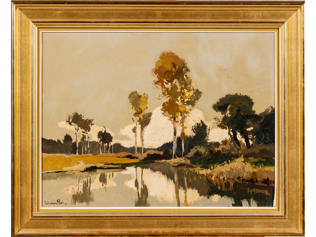 Lucien PERI (1880-1948) : Etang de Sologne. Huile sur isorel signée en bas à gauche. (Quelques manques et sauts de peintures. Vernis jauni). Dim : 46 x 61 cm.