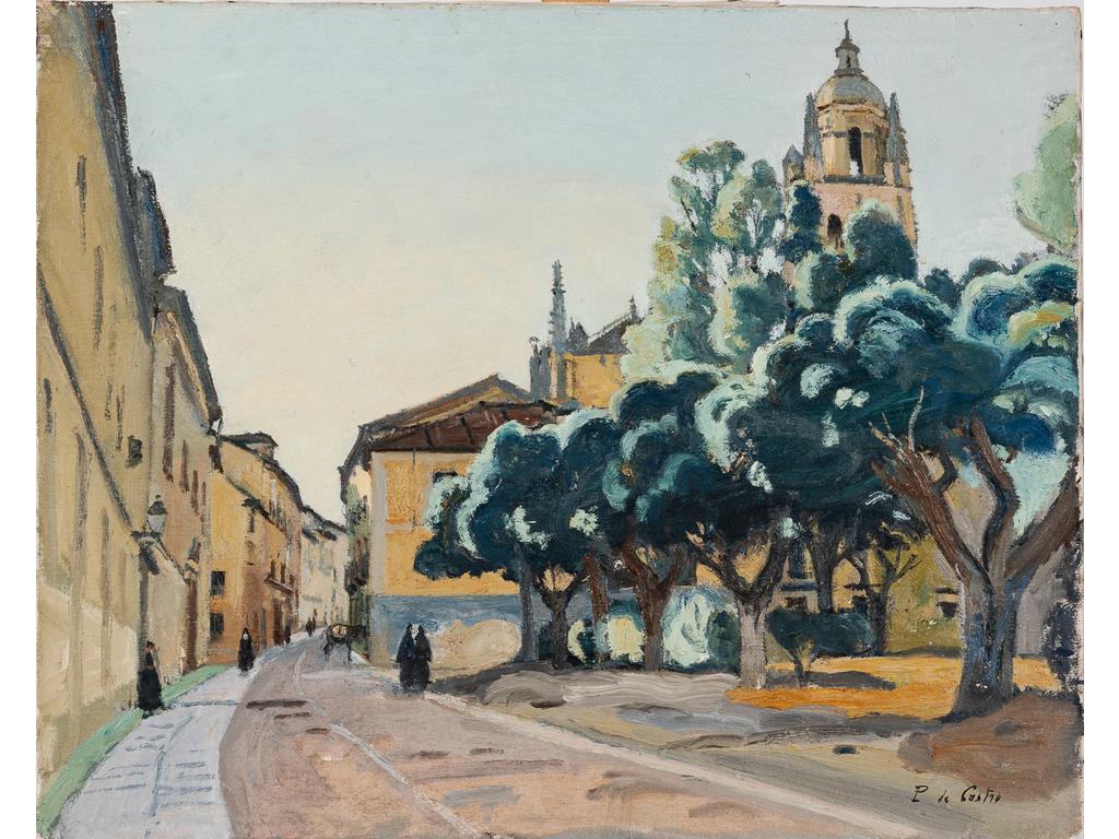 Paul de CASTRO (1940) : Place de l'église. Huile sur toile signée en bas à droite. (Sans cadre). Dim : 65 x 81 cm.