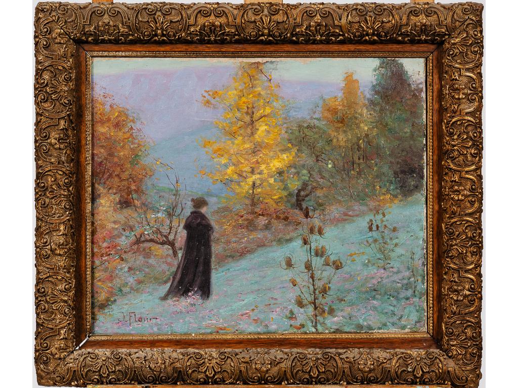 Jules FLOUR (1864-1921) : Femme dans un paysage automnal. Huile sur toile, signée en bas à gauche. (Petite retouche au centre, sauts de peinture sur le bord en partie supérieure). Dim. : 38x46cm.
