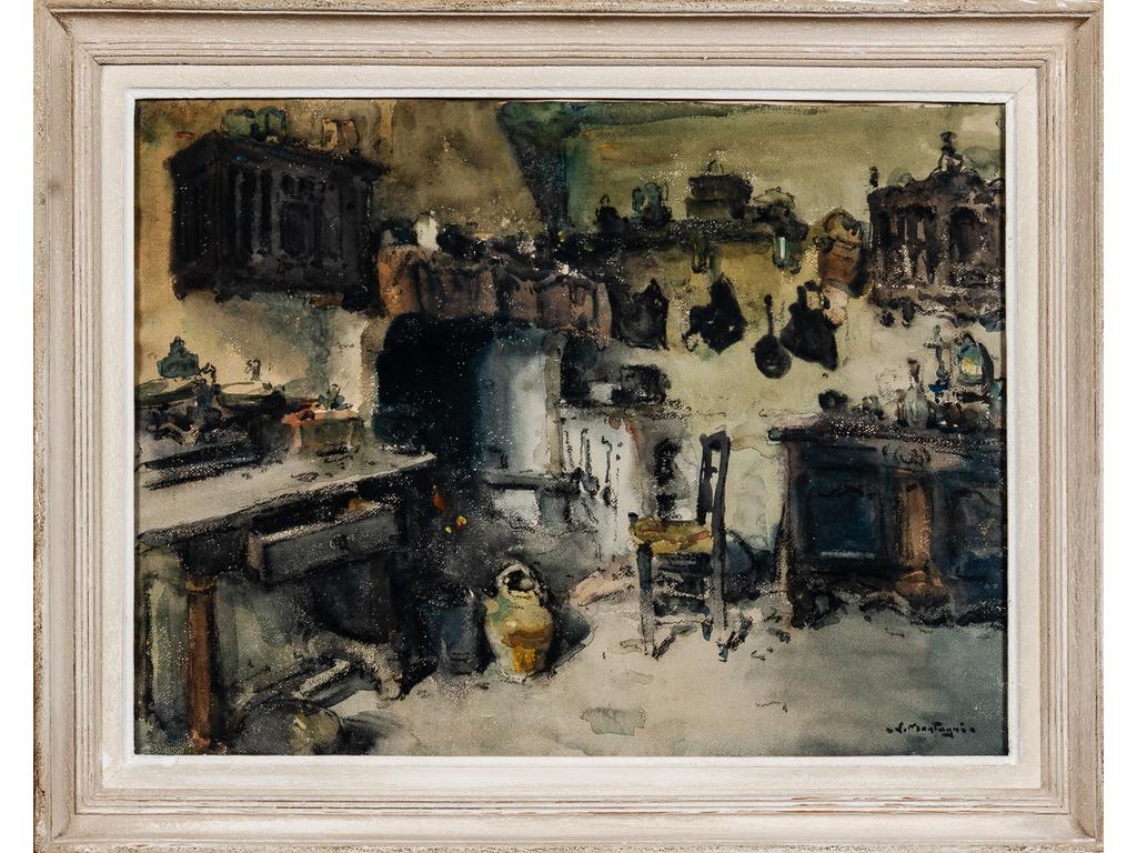 Louis MONTAGNE (1879-1960) : Intérieur de cuisine. Aquarelle signée en bas à droite. Dim : 44.5 x 60 cm.