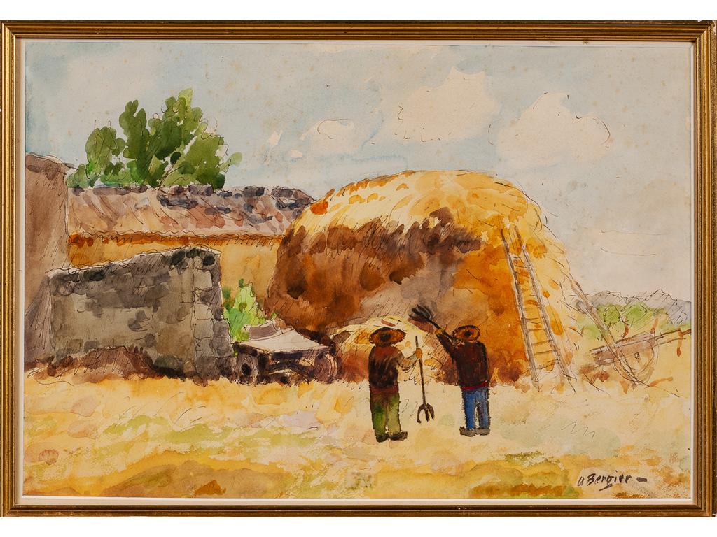 Alfred BERGIER (1881-1971) : Les moissons. Aquarelle signée en bas à droite. (Petites rousseurs). Dim : 30 x 45 cm.