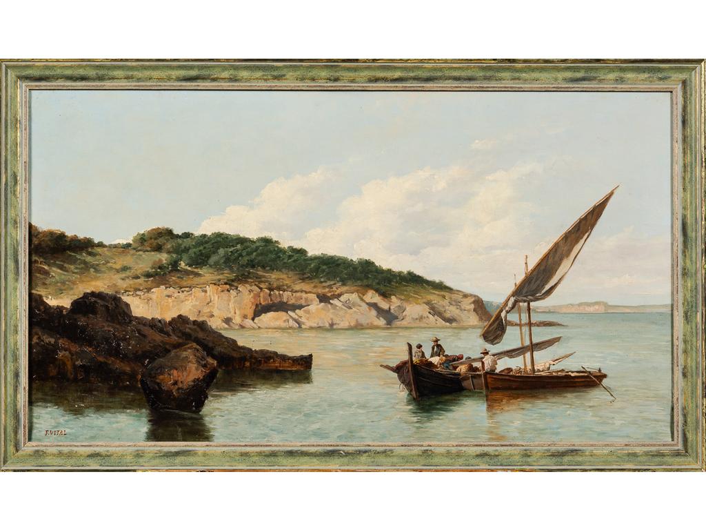 F.VITAL : Tartanes de pêcheur. Huile sur toile signée en bas à gauche. (Restauration). Dim : 44 x 81 cm.