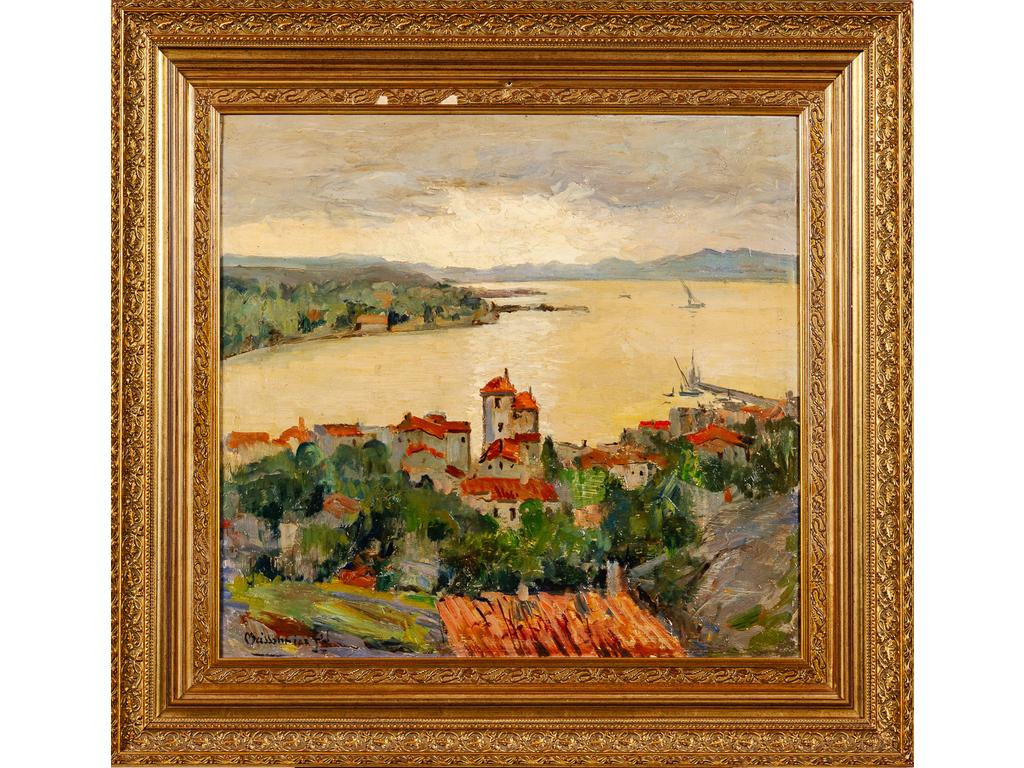 Joseph MEISSONNIER (1864-1943) : Village en bord de mer. Huile sur contreplaqué signée en bas à gauche. Dim : 63 x 67 cm.
