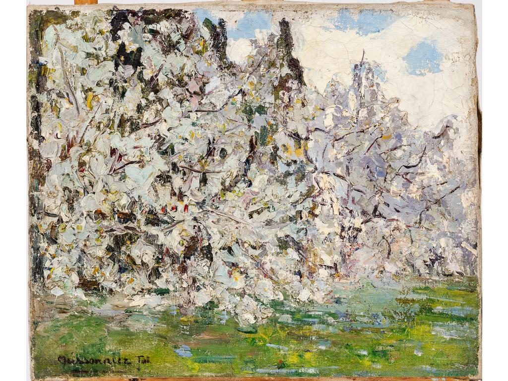 Joseph MEISSONNIER (1864-1943) : Les arbres. Huile sur toile signée en bas à gauche.(Sans cadre, craquelures). Dim : 46 x 55 cm.