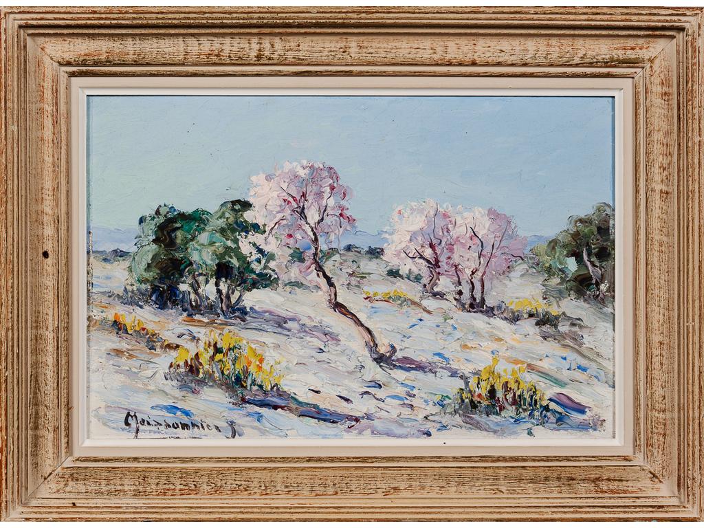 Joseph MEISSONNIER (1864-1943): Les arbres en fleur. Huile sur contreplaqué signée en bas à gauche. Dim : 27 x 41 cm.