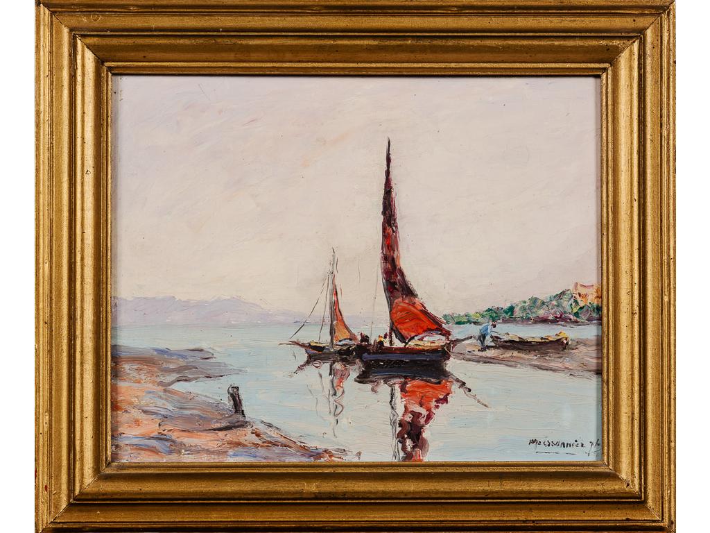 Joseph MEISSONNIER (1864-1943) : Les voiles rouges. Huile sur contreplaqué signée en bas à droite. Dim : 33 x 41 cm.