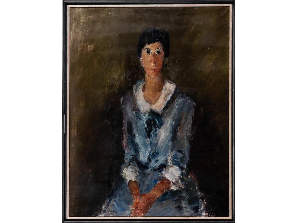 Ibrahim SHAHDA (1929-1991) : Portrait de femme à la robe bleue. Huile sur toile signée en bas à gauche. Porte sur le châssis une étiquette