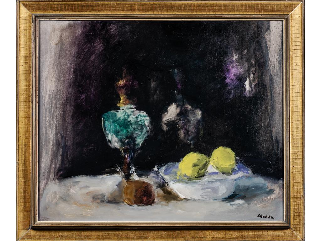Ibrahim SHAHDA (1929-1991) : Citrons verts. Huile sur toile signée en bas à droite. Porte une étiquette