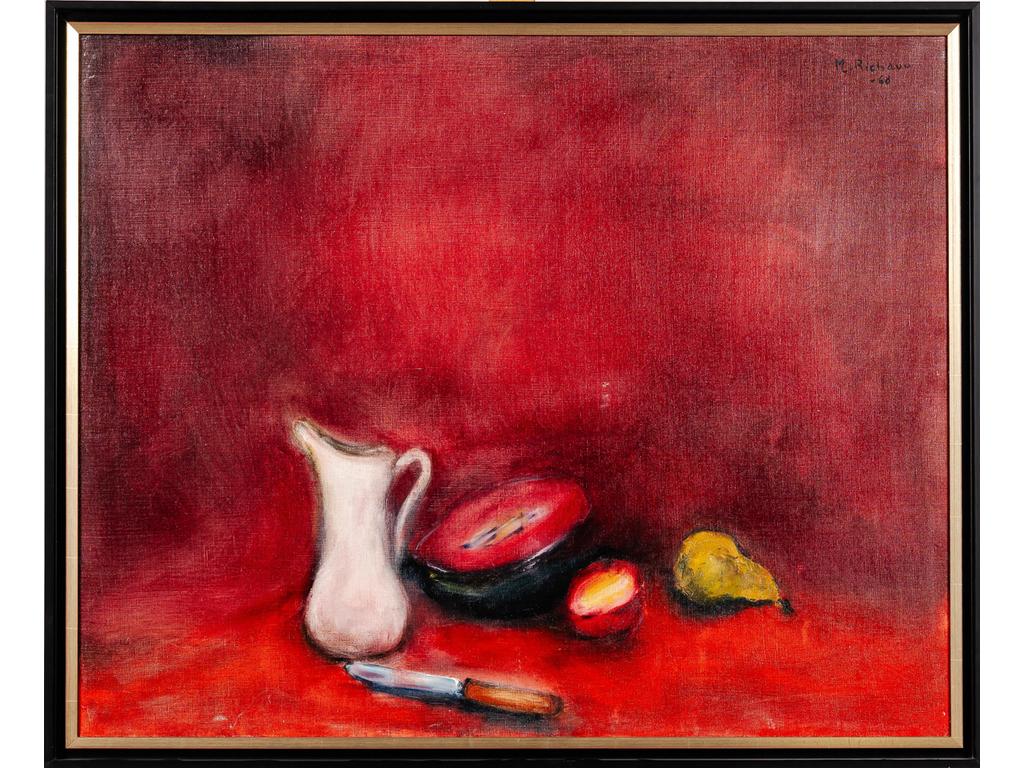 Maxime RICHAUD (1924-1994) : Nature morte aux fruits et pichet blanc, sur fond rouge. Grande huile sur toile signée en haut à droite et datée 68. Dim : 80 x 100 cm.