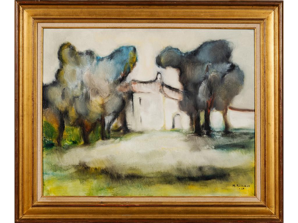 Maxime RICHAUD (1924-1994) : La maison. Huile sur toile signée en bas à droite. Porte une étiquette de la Galerie Emmanuel DAVID, à Paris. Ancienne provenance : Monsieur et Madame CONIL. Dim : 73 x 92 cm.