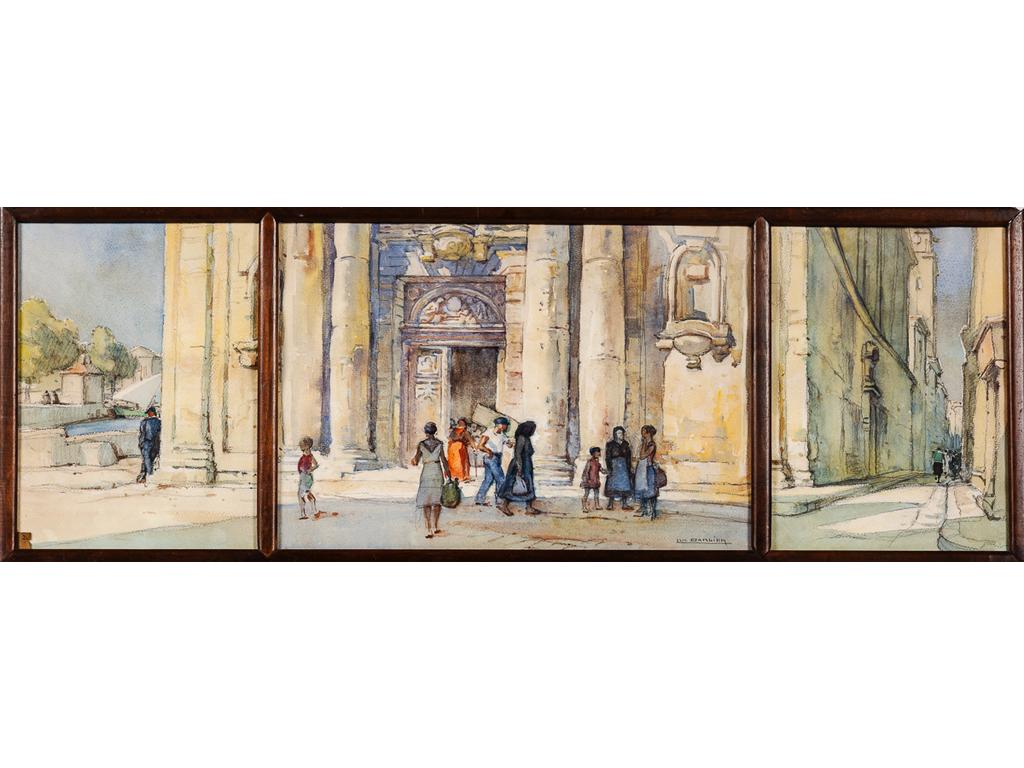 Luc BARBIER (1903-1989) : Parvis de l'église des Martigues animé. Aquarelle. Triptyque signé. Dim totales : 32 x 95 cm.