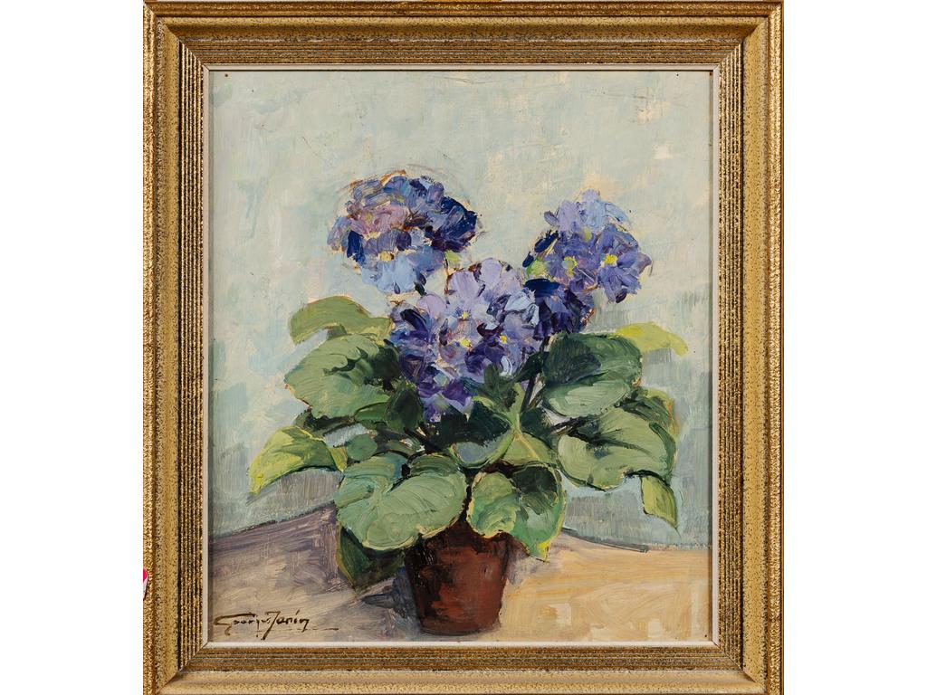 Georges JANIN (1884-1955) : Les géraniums. Huile sur carton signée en bas à gauche. Dim : 40 x 35.5 cm.
