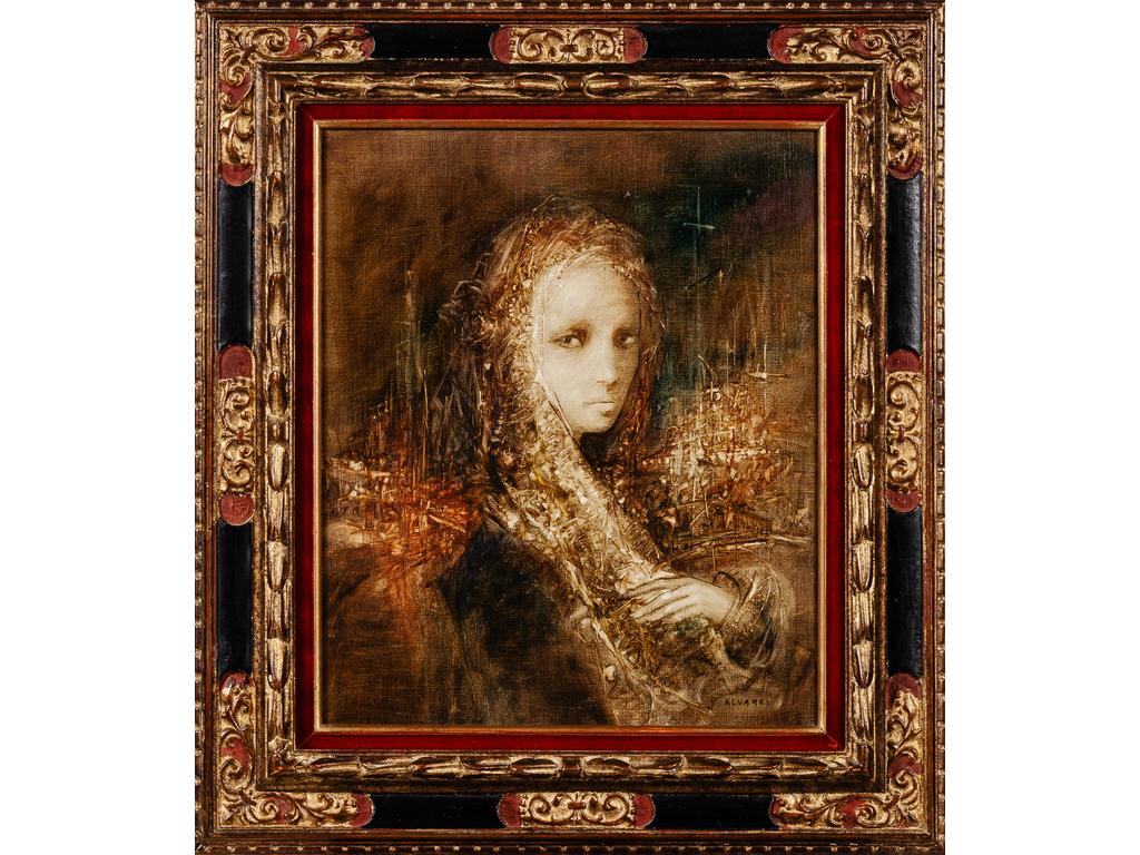 Luis ALVAREZ (1932-1997) : Portrait de femme. Huile surtoile, signée en bas à droite. Dim. : 55x46cm.