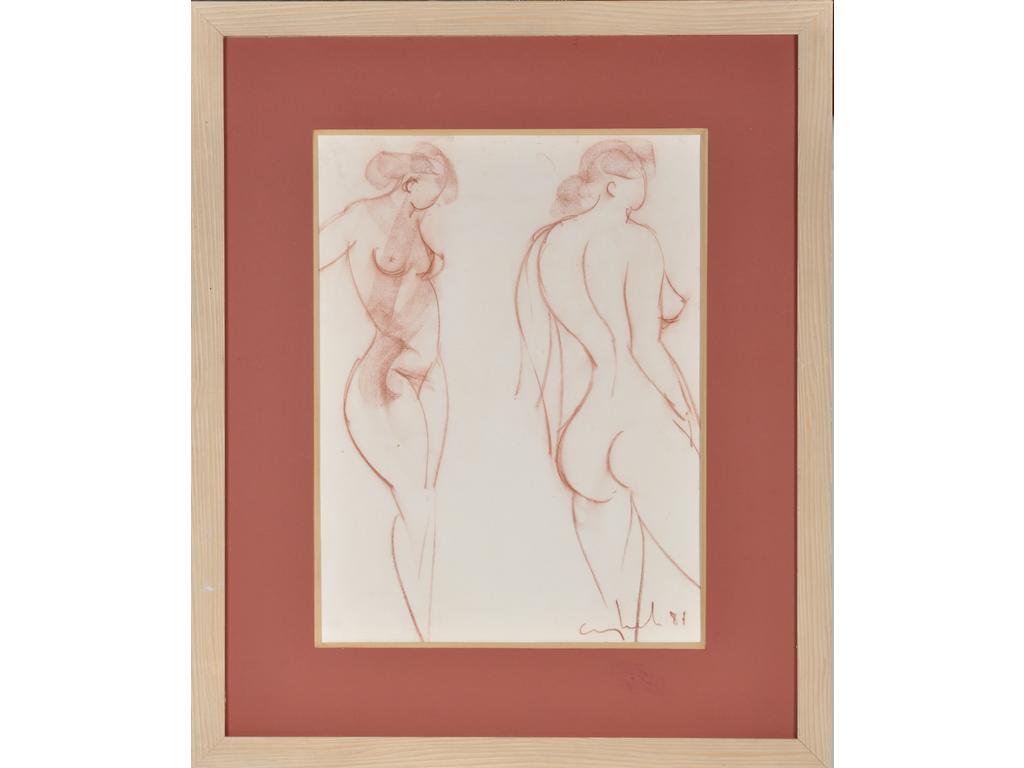 Ecole Contemporaine : Etudes de nus féminins. Dessin à la sanguine daté 1987. (Cadre sans vitre). Dim : 59 x 44 cm.