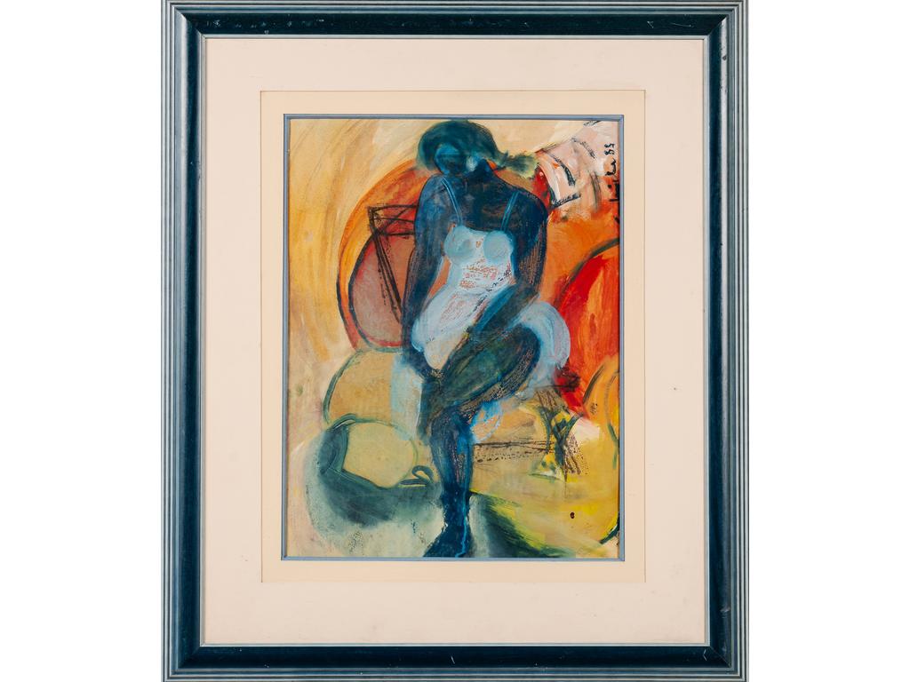 Ecole Moderne : Femme assise. Gouache et aquarelle signée en haut à droite et datée (19)83. Dim : 60 x 45 cm.