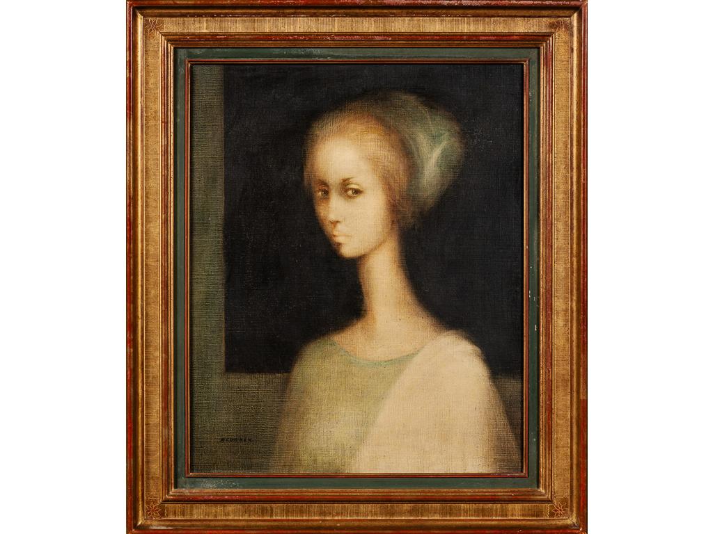 Luis ALVAREZ (1932-1997) : Portrait de femme au fichu vert. Huile sur toile signée en bas à gauche. Dim : 61 x 50 cm.