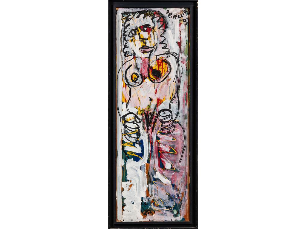 Jean-Pierre ALLIES (1945) : personnages. Acrylique sur une planche d'armoire signée en haut à droite et datée (20)03. Dim : 157 x 55 cm.