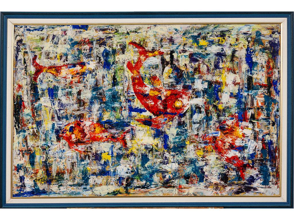 Marcel GOTENE (1939-2013) : Les poissons rouges. Huile sur toile signée en bas à gauche et datée (19)46. Dim : 55 x 85 cm.