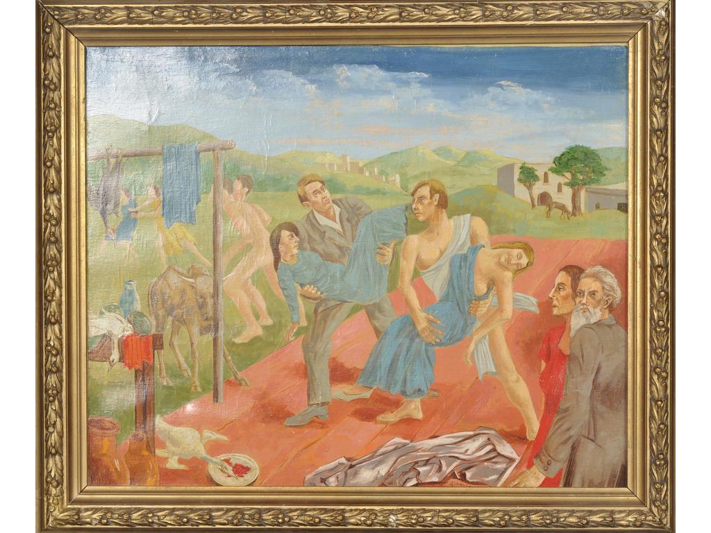 Grégoire MICHONZE (1902-1982) : Scène surréaliste. Huile sur toile signée en bas à droite et datée 1934. Dim : 38 x 46 cm.
