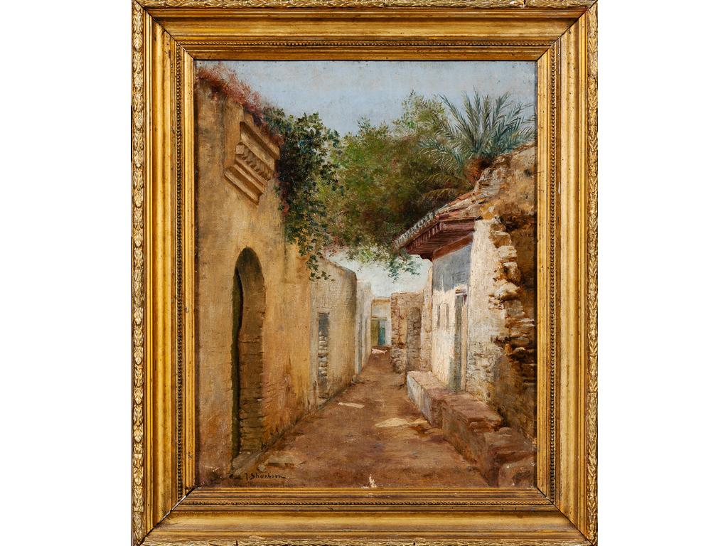John Lewis SHONBORN (1852-1931) : Une rue orientale. Huile sur toile signée en bas à gauche. Dim : 41 x 33 cm.