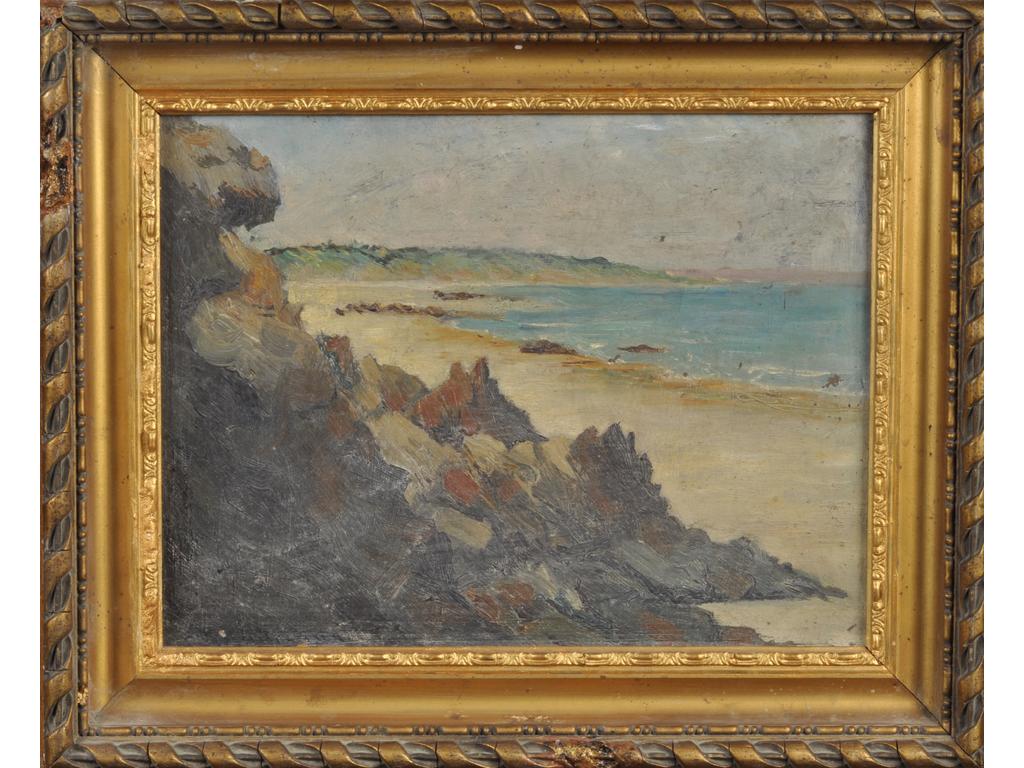 Francis MORTON-JOHNSON (1878-1931) : La plage. Huile sur carton signé en bas à gauche. Dim : 27 x 34.5 cm.