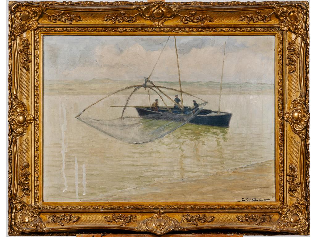 Jules DUBOIS (1888-1958) : Les pêcheurs au carrelet. Huile sur toile signée en bas à droite. (Traces de coulures sur le côté gauche). Dim : 50 x 70 cm.