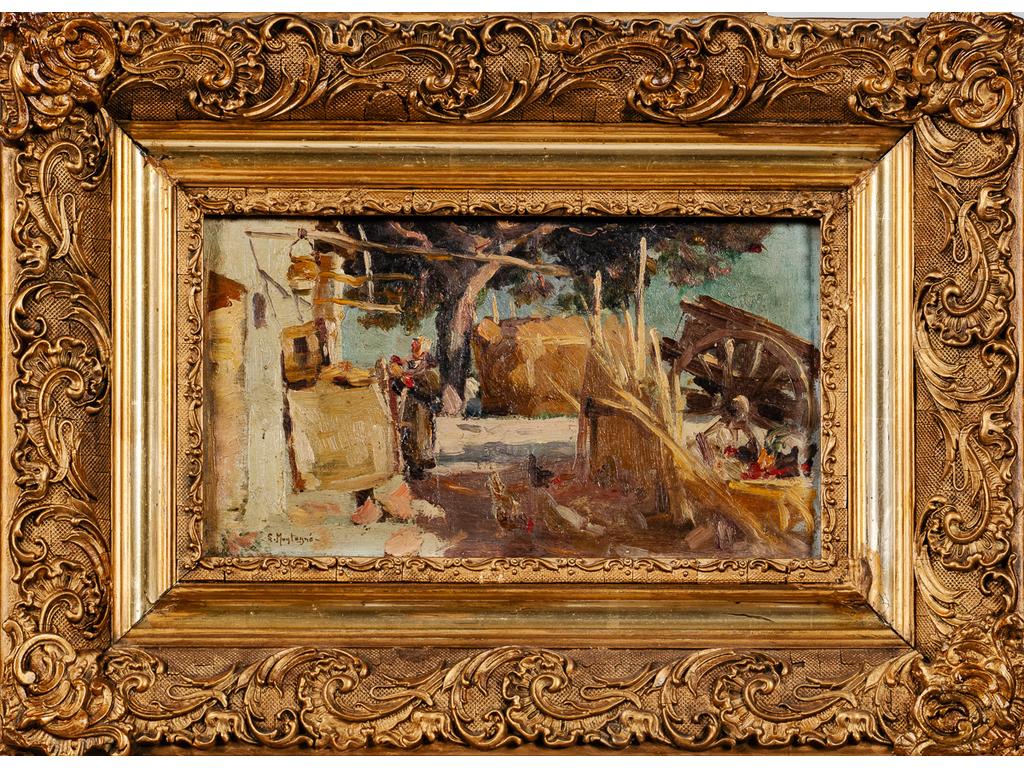 Louis MONTAGNE (1879-1960) : Ferme à Villeneuve lez Avignon. Huile sur contreplaqué signée en bas à gauche. Dim : 16 x 30 cm.