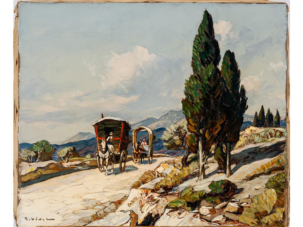 Gustave VIDAL (1895-1966) : Les roulottes. Huile sur toile signée en bas à gauche. Dim : 46 x 55 cm.