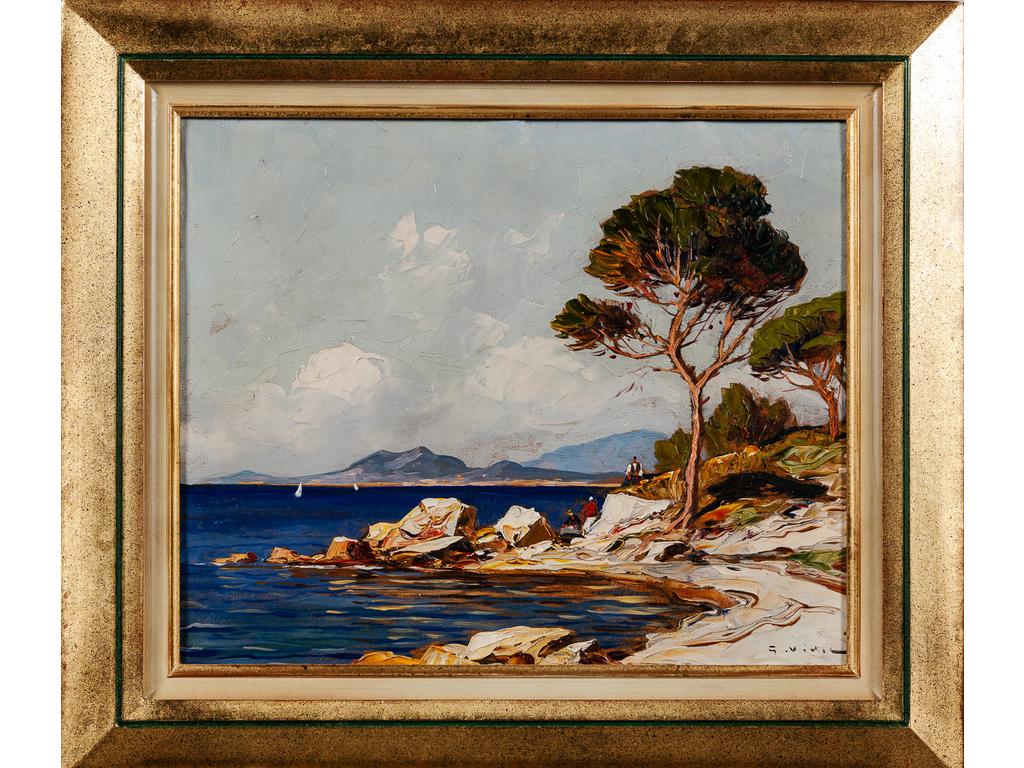 Gustave VIDAL (1895-1966) : Au bord de la mer. Huile sur toile, signée en bas à droite. Dim. : 38 x 46 cm.